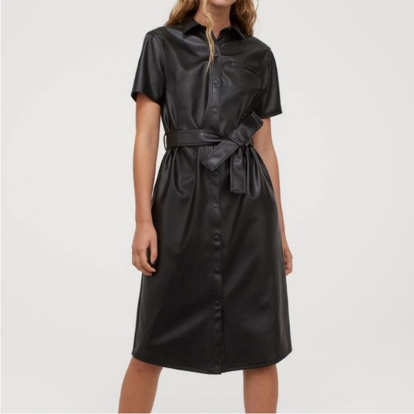 H&M Divided Black Faux Leather Belted Shirt Dress - Picture 1 of 8